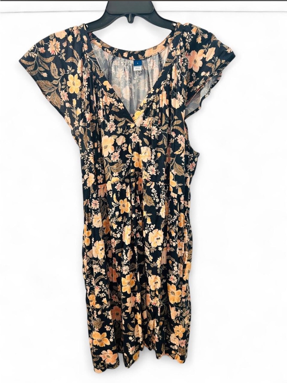 Old Navy V-Neck Navy Blue Floral Midi Dress with Pockets